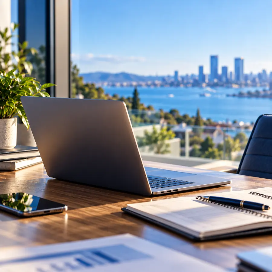 A clear plan starts with a clear view - workspace overlooking the water